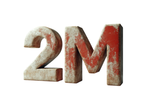 The word 2M is written in red and white on a white background