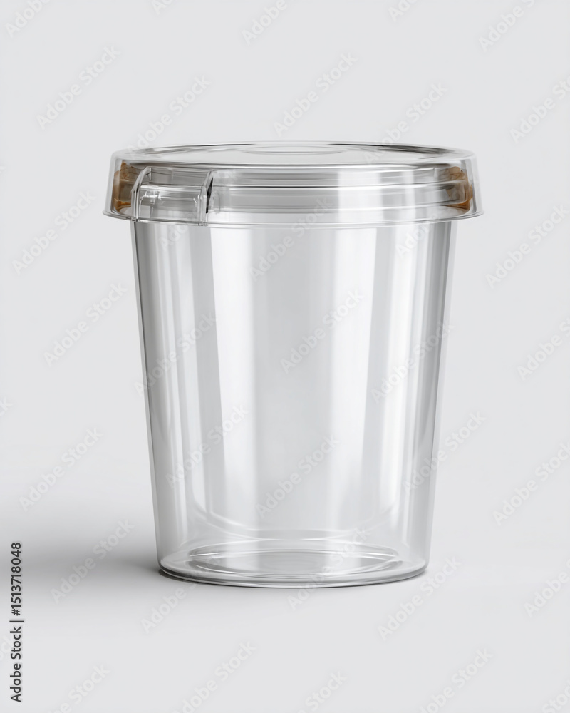 Poster a clear plastic container with a lid sitting on a white surface in a studio setting for product phot