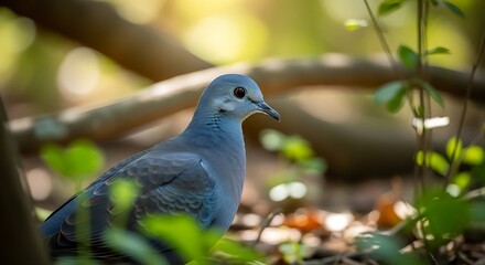 Close-up of a blue ground dove perched in a lush green forest