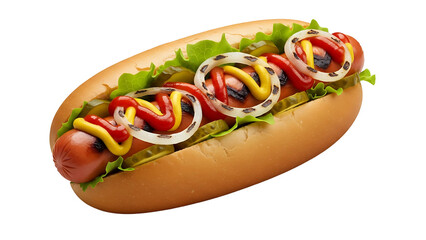 Gourmet hot dog with mustard, ketchup, grilled onions, and pickles on a soft bun, transparent background