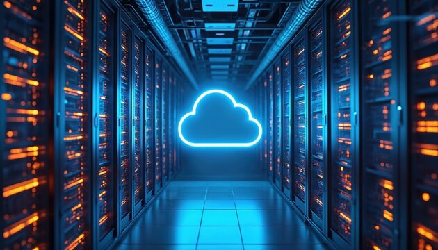 Hybrid cloud integration architecture within data centers. Seamless interoperability on-premises cloud infrastructure. Modern tech, digital transformation, AI, data management solutions for secure