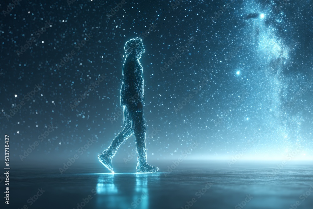 Poster nomad walking through a starry network - a wireframe human figure strolls across a network under a n