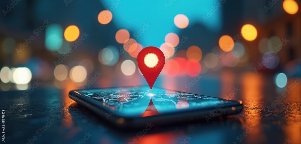 Poster smartphone screen shows map with navigation pin. app concept, gps tracker, real time positioning, lo