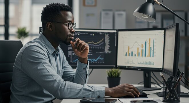 Man analyzing stock market data financial charts on computer screens investment analysis at desk on transparent background - Powered by Adobe