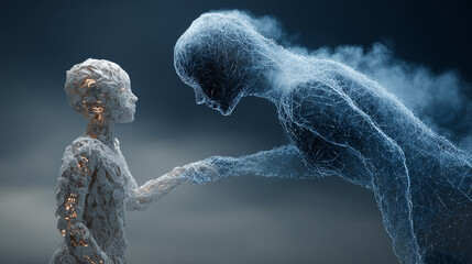 Hands of robot and human touching on Infrastructure as a Service (IaaS) global network connection, cloud computing solutions, scalability, data storage, and artificial intelligence technology.
