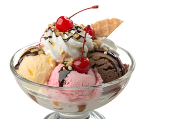 Ice cream sundae in a glass bowl isolated on transparent background