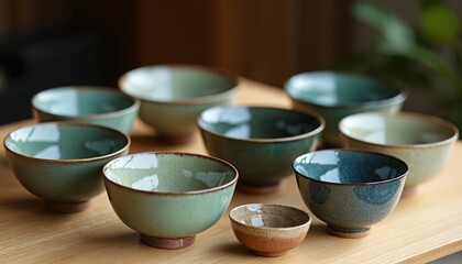 Traditional Japanese tea bowls set on wood table. Bowls made from ceramic, pottery. Bowls green, blue colors. Oriental culture, handcraft, tableware. Home decor. Minimal style. Perfect for tea