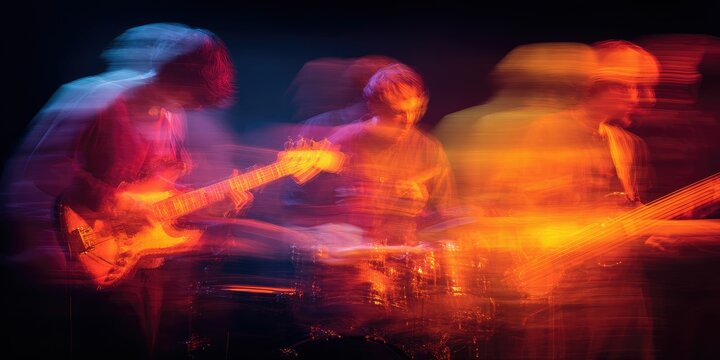 Energetic band performance captured in vibrant, motion-blurred image