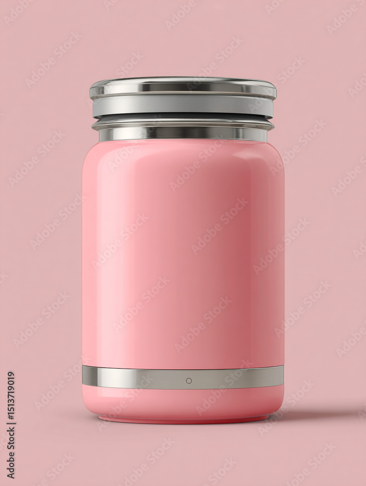 Poster a minimalistic pink jar with a silver lid and base on a matching pink background in a studio shot