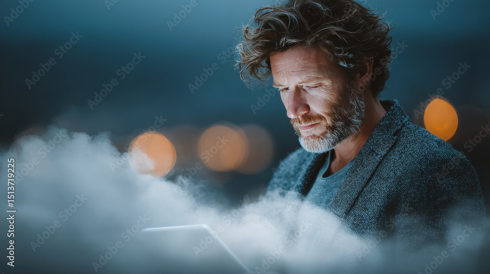 Poster saas: businessman using tablet with growth graph analyzing saas and cloud solutions, scalability, su