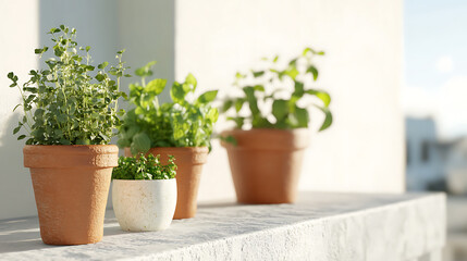 Fototapeta premium A collection of potted herbs, creating a small, indoor garden. They rest on a ledge against a white wall, suggesting a sunny spot for growth.