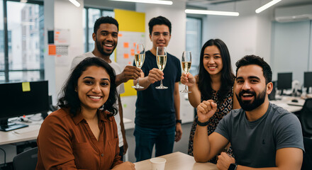 Diverse team celebrating with champagne in a modern office.