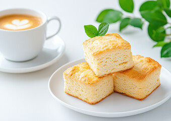 Golden brown scone with crisp exterior and soft interior served with coffee and fresh leaves