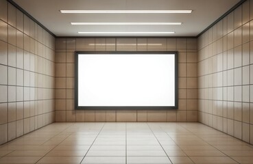 Empty subway station with blank white screen billboard. Advertising display mockup for ads, promotion. Urban transport, city life. Underground tunnel interior, digital signage.