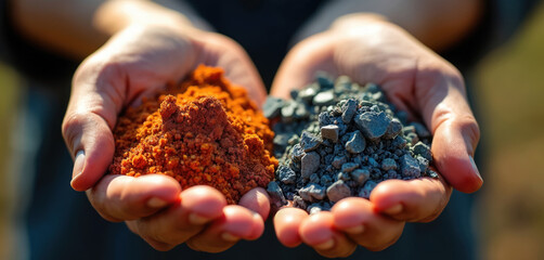 Hands holding rare earth elements. Minerals, resources for green tech, sustainable development. Critical raw materials facing climate change challenge, demand, mining. Eco-friendly, environmental