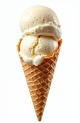 Vanilla ice cream scoops on waffle cone isolated white background. Sweet cold dessert. Delicious treat for summer. Popular food item. Perfect for menu design, advertising, websites, social media.