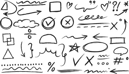 Hand drawn chalk brush stroke arrow icon set with underline, check mark, scribble texture, heart, star, arrow, geometric shape, cloud and frame. Crayon sketch style vector elements for creative design