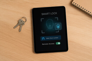 Smart lock control panel on tablet with digital access confirmation and traditional keys nearby