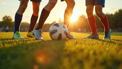 Soccer ball on grass field at sunset. Soccer players with legs on green grass. Sport game with ball. Football athletes prepare game. Summer fun, active lifestyle.