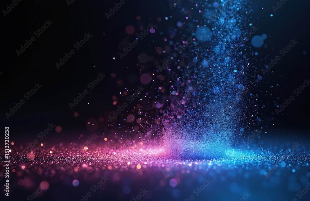 Poster Organic dust particles in colorful light beam on black. Glittering overlay with sparkling bokeh effect. Dynamic futuristic effect with motion, fantasy. Space, cosmos, magic, mystery, elegance.