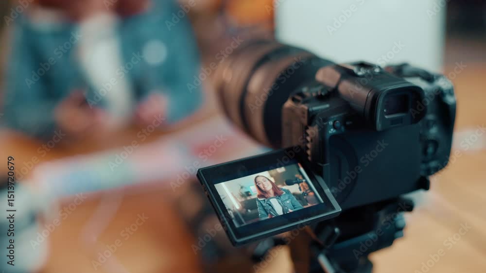 Poster woman, video camera and screen with online tutorial for content creation or streaming tips at home. 