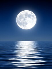 Serene Moonlit Ocean - Full moon shining brightly over a calm ocean at night. Peaceful and tranquil scene