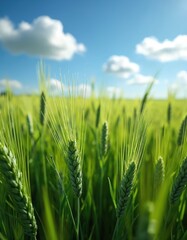 Vibrant green field of barley waving gently in breeze, under bright blue sky with fluffy clouds. Sunny day, idyllic rural scenery. Farming, eco agriculture concept. Harvest time, fresh produce,