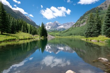 Serene Mountain Lake Reflection - Stunning mountain lake reflecting snow-capped peaks and lush greenery under a bright blue sky. Peaceful nature scene
