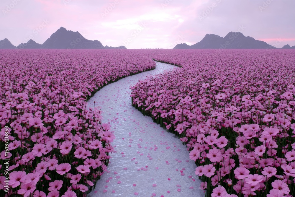 Poster serene pink flower field with stream - a tranquil scene of a vast pink flower field with a gently cu