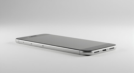 Silver smartphone mockup lying flat on a white surface.
