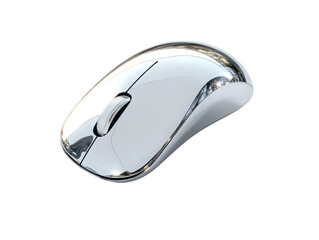 A silver computer mouse with a black button