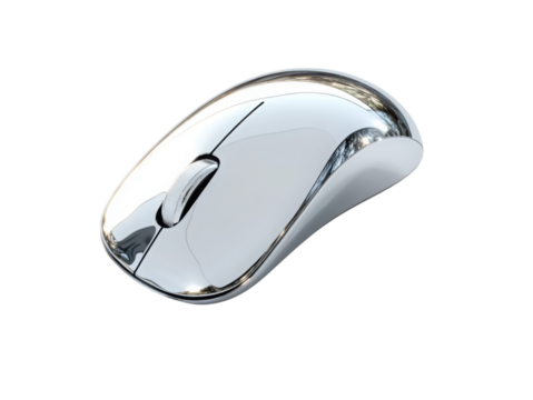 A silver computer mouse with a black button