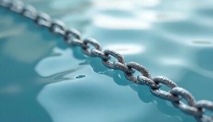 Silver chain floating blue water. Jewelry, abstract, modern design. Shiny metal links rest in water. Elegant accessory for fashion, luxury concepts. Minimalist simple visual, clear background.