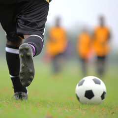 Soccer player kicks ball on grassy field during practice session in late afternoon