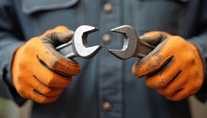 Mechanic hands wearing orange protective gloves hold two wrenches. Metal tools essential for mechanical work. Maintenance, repair, service, construction, engineering concepts represented. Industrial,