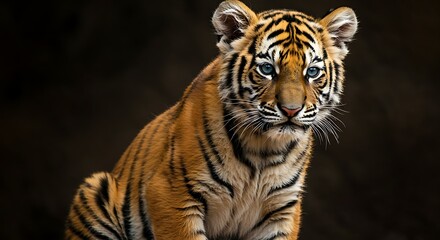 Fototapeta premium Young tiger cub with detailed orange and black striped fur sitting against dark background