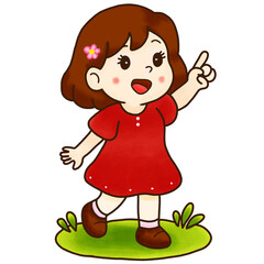 A girl is pointing at something cheerfully.