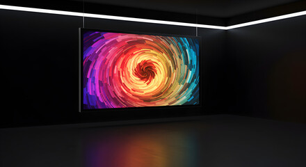 Large hanging screen displaying colorful abstract art in a dark room.