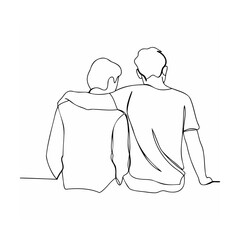 Line drawing of two friends sitting with arms around each other representing support