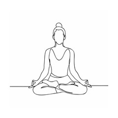 Minimalist line art illustration of a woman meditating in lotus position on white background