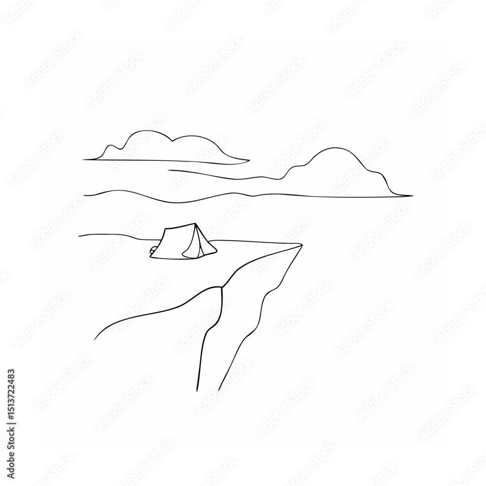 Poster minimalist camping scene with tent on cliff edge and simple clouds in the distance