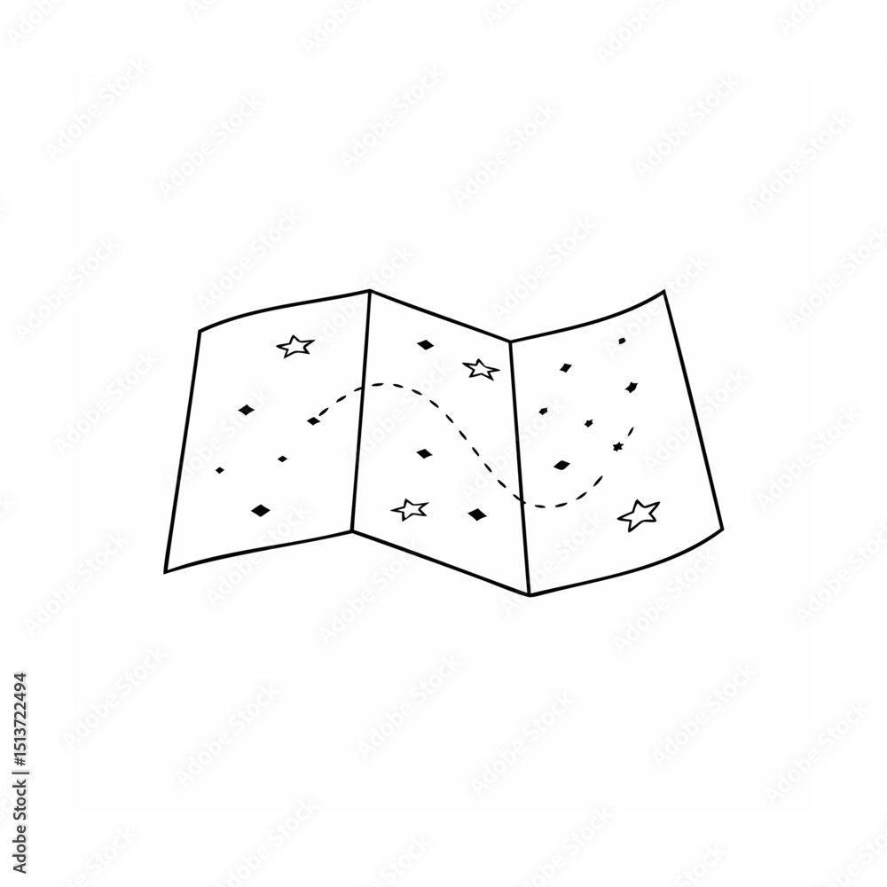 Poster simple hand drawn folded map with stars and dotted path ideal for navigation and exploration