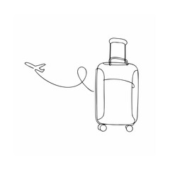 Continuous line drawing of airplane taking off near a luggage suitcase ready for travel