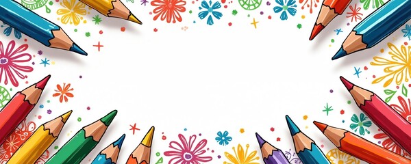 Playful doodle design with colored pencils and blank space for Children Day message. Colorful illustration with crayons, flowers, confetti, whimsical elements for invitation, greeting cards, posters.
