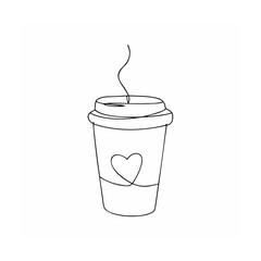 Minimalist one line coffee cup with heart symbol and steam black and white illustration