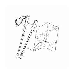 Simple black and white illustration of hiking poles and a folded map for exploration