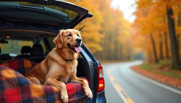 Golden retriever dog enjoys scenic autumn road trip. Dog sits in car trunk, looking out at colorful fall forest. Travel with pet, cozy journey in countryside.