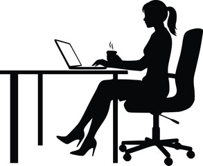 Silhouette of a woman in formal attire working on a laptop at a desk with a coffee cup in an office setting


