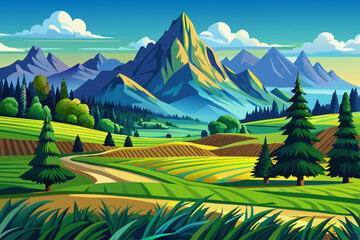 Amazing Spring landscape with mountain vector, blue sky and clouds, Panorama Green fields, fresh and peaceful rural nature in springtime with green grass land illustration background