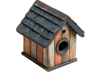 A small wooden birdhouse with a slanted roof